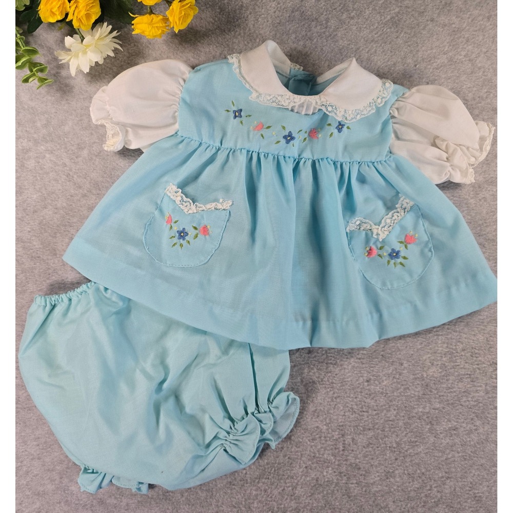 Vintage 80s Baby Blue Floral Embroidered Dress Bloomers Set 6-9m Peter Pan Lace